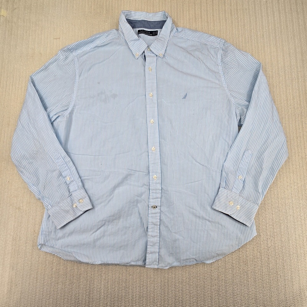 Nautica Shirt Mens 2XL XXL White Blue Striped Button Up Down Long Sleeve Preppy